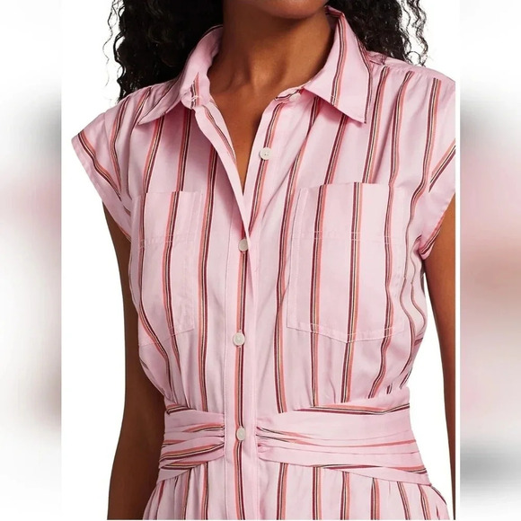 Derek Lam 10 Crosby Pink Striped Fit and Flare Shirt Dress Gathered Waist 6 - Picture 5 of 15